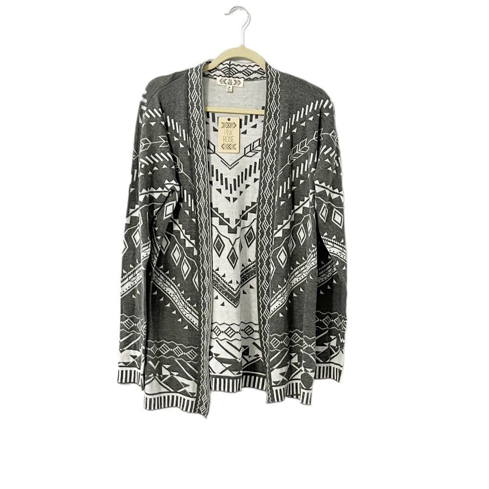 🟢Pink Rose Gray & Ivory Chevron Aztec Print Open Front Knit Cardigan Size XL